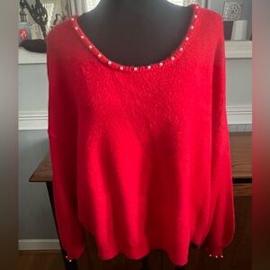 Blue Sol- Vibrant Red Sweater with Pearl Accents NWT